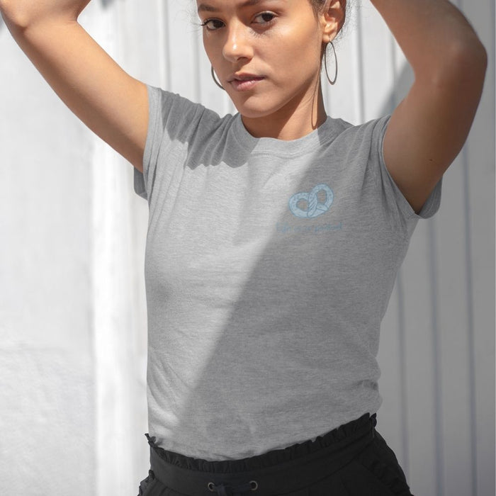 Life's a Twisted T-Shirt for Women: white, light blue pretzel graphic and coffee-themed text, minimal casual graphic style