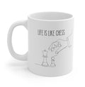 Life's Chess Game Ceramic Mug for Devoted Chess Enthusiasts 11oz: white, gray chess theme, minimal line-art style
