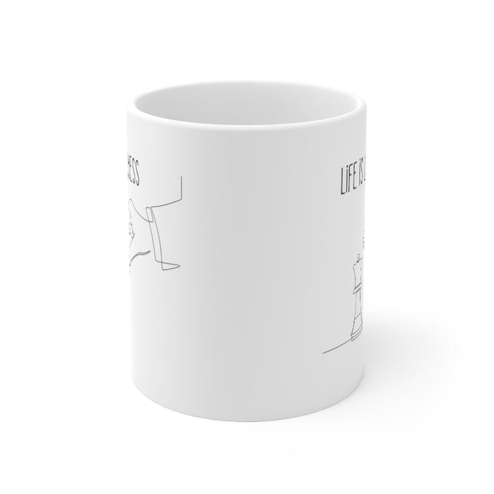 Life's Chess Game Ceramic Mug for Devoted Chess Enthusiasts 11oz: white, gray chess theme, minimal line-art style