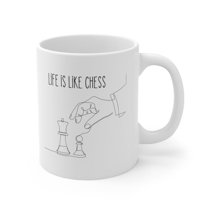 Life's Chess Game Ceramic Mug for Devoted Chess Enthusiasts 11oz: white, gray chess theme, minimal line-art style