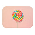 Life's Sweetness Lollipop Message Bath Mat: light pink, red rainbow lollipop, cartoon style