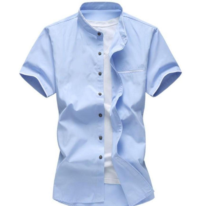 Light Blue Men's Shirt with Stand Collar and Pocket Accents: light blue, white short-sleeve button-up shirt layered over a wh