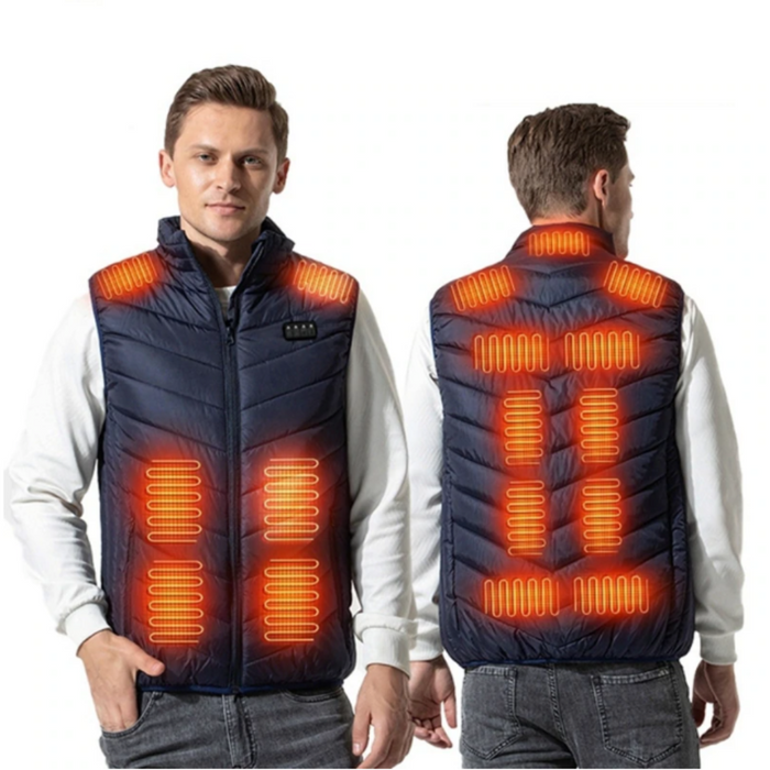 Lightweight 17-Panel Smart Heating Vest with Expanded Heating Area: dark navy blue, orange-red heated puffer vest, minimal sp