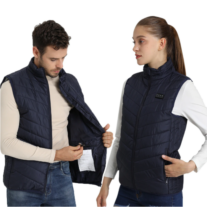 Lightweight 17-Panel Smart Heating Vest with Expanded Heating Area: dark navy blue, orange-red heated puffer vest, minimal sp