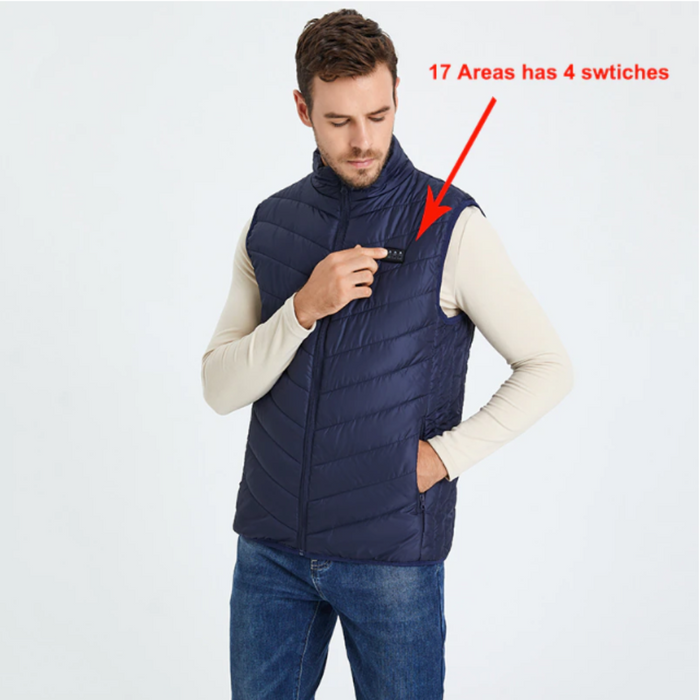 Lightweight 17-Panel Smart Heating Vest with Expanded Heating Area: dark navy blue, orange-red heated puffer vest, minimal sp