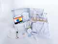 Little Scientist play and learn kit for kids with experiments, beakers, pipettes, food coloring, and other science tools. Includes a lab coat, experiment guide with dry erase marker, and art supplies for creative activities. Comes with 'Little Blue and Little Yellow' board book, homemade playdough, and a lab playdough cutter. Everything needed for fun and educational experiments.
