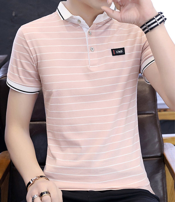 Logo-Emblazoned Striped Polo for Men: light pink, white short-sleeve polo shirt, casual style