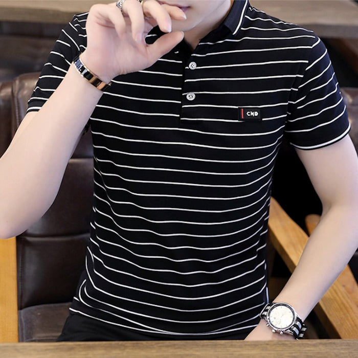 Logo-Emblazoned Striped Polo for Men: light pink, white short-sleeve polo shirt, casual style