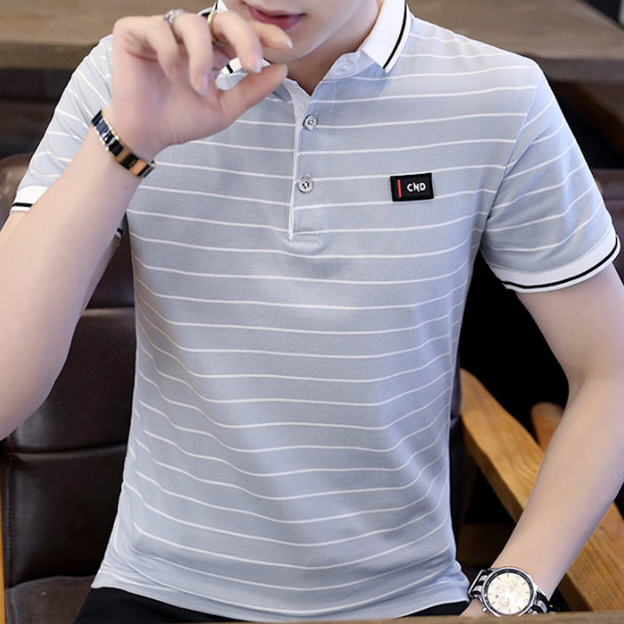 Logo-Emblazoned Striped Polo for Men: light pink, white short-sleeve polo shirt, casual style