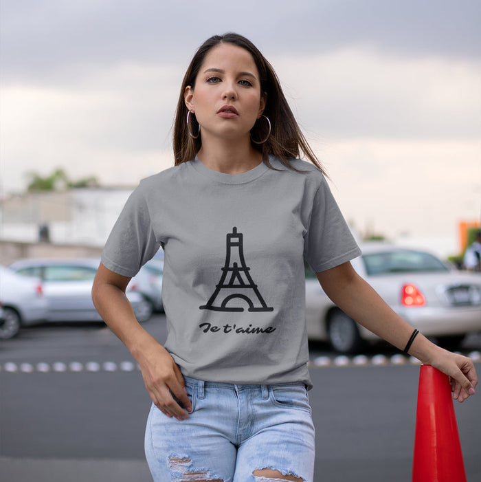 Logo T-Shirt for Women with 'Je T'aime' Message: gray, black Eiffel Tower / Paris theme, minimal graphic casual style