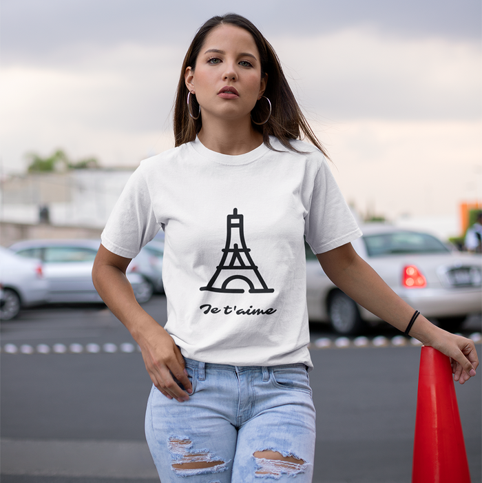 Logo T-Shirt for Women with 'Je T'aime' Message: gray, black Eiffel Tower / Paris theme, minimal graphic casual style