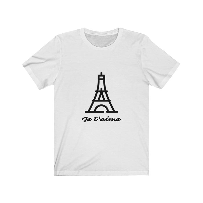 Logo T-Shirt for Women with 'Je T'aime' Message: gray, black Eiffel Tower / Paris theme, minimal graphic casual style