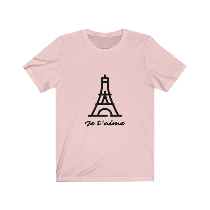 Logo T-Shirt for Women with 'Je T'aime' Message: gray, black Eiffel Tower / Paris theme, minimal graphic casual style