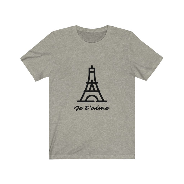 Logo T-Shirt for Women with 'Je T'aime' Message: gray, black Eiffel Tower / Paris theme, minimal graphic casual style