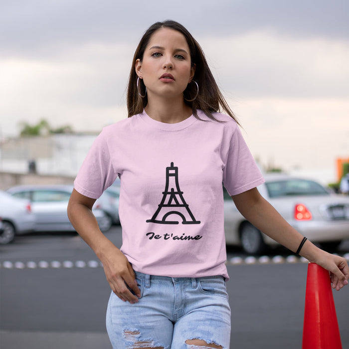 Logo T-Shirt for Women with 'Je T'aime' Message: gray, black Eiffel Tower / Paris theme, minimal graphic casual style