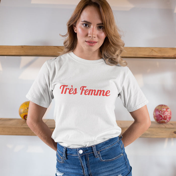 Logo Tee for Women: Tre Femme Edition: white, red T-shirt, minimal graphic casual style