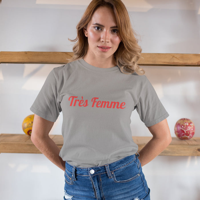 Logo Tee for Women: Tre Femme Edition: white, red T-shirt, minimal graphic casual style