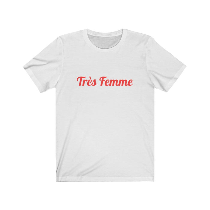 Logo Tee for Women: Tre Femme Edition: white, red T-shirt, minimal graphic casual style