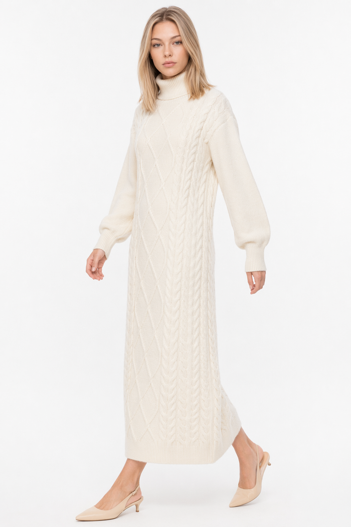 Long Cable Knit Dress for Women Off White