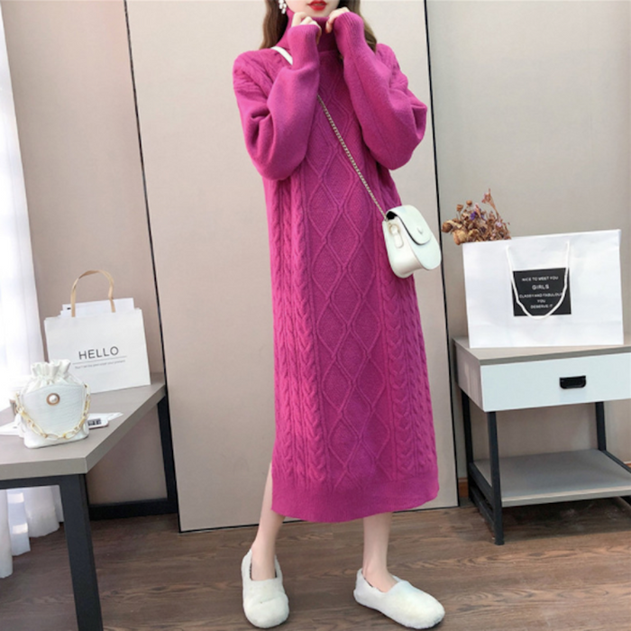 Long Cable Knit Dress for Women: bright magenta pink, white knit sweater dress, feminine, cozy, elegant style