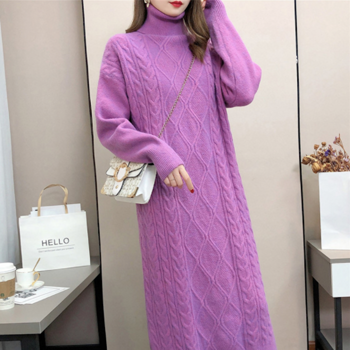 Long Cable Knit Dress for Women: bright magenta pink, white knit sweater dress, feminine, cozy, elegant style