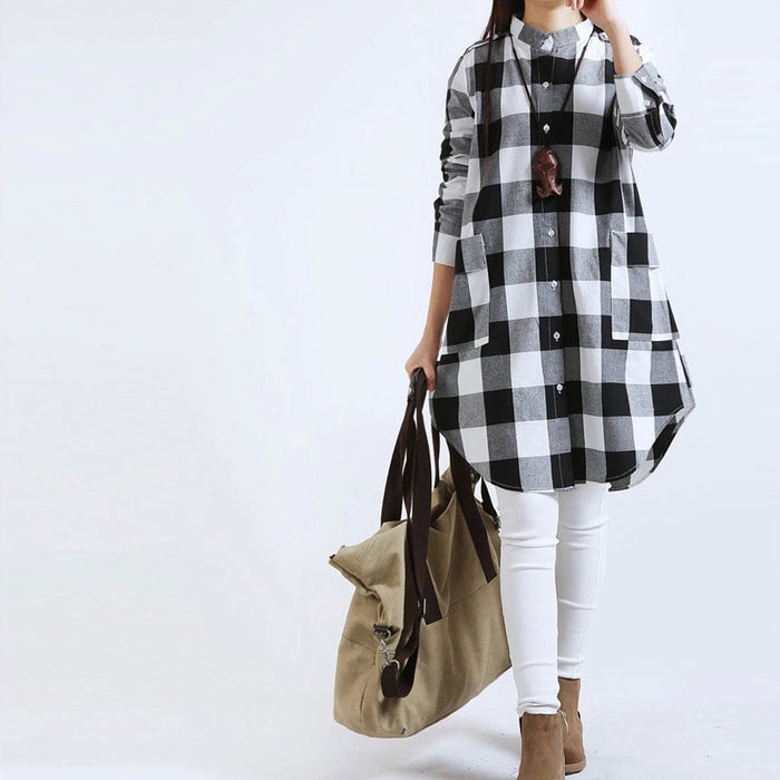 Long Checkered Women's Shirt featuring Pockets: black, white long button-front shirt/tunic, casual minimal style