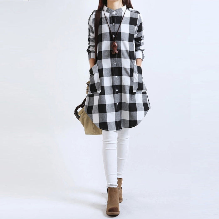Long Checkered Women's Shirt featuring Pockets: black, white long button-front shirt/tunic, casual minimal style