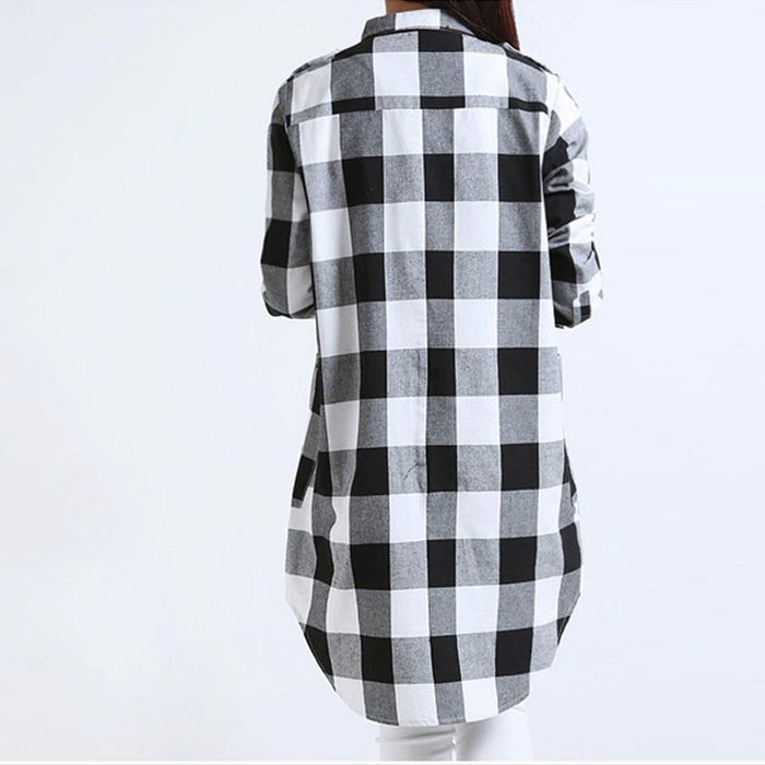 Long Checkered Women's Shirt featuring Pockets: black, white long button-front shirt/tunic, casual minimal style