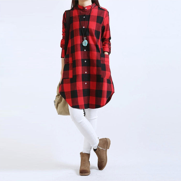 Long Checkered Women's Shirt featuring Pockets: black, white long button-front shirt/tunic, casual minimal style