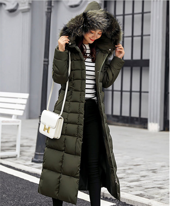 Long Coat for Women with Detachable Faux Fur Hood: dark olive green, black long hooded puffer coat, casual winter streetwear