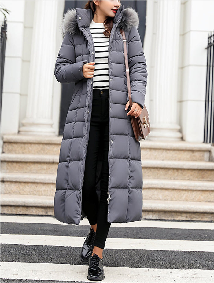 Long Coat for Women with Detachable Faux Fur Hood: dark olive green, black long hooded puffer coat, casual winter streetwear