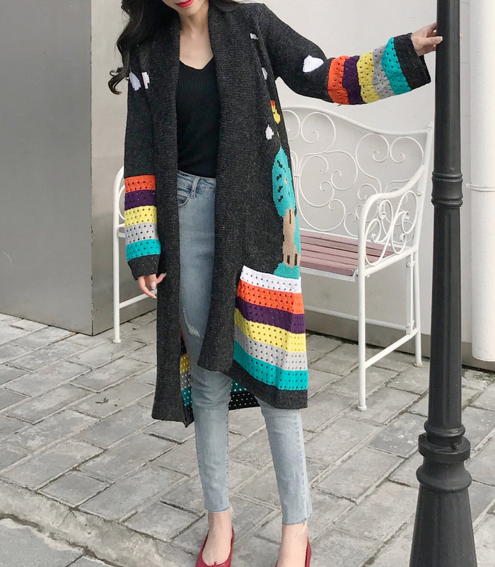 Long Graphic Cardigan for Women: charcoal gray, teal long open-front cardigan, colorful bohemian knit style
