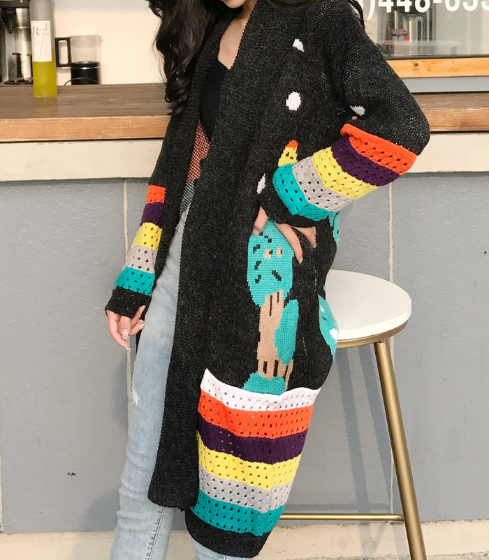 Long Graphic Cardigan for Women: charcoal gray, teal long open-front cardigan, colorful bohemian knit style