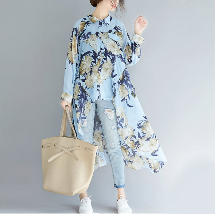 Long Printed Chiffon Blouse for Women with Asymmetric Hem: light blue, navy floral print, casual, artistic floral style