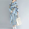 Long Printed Chiffon Blouse for Women with Asymmetric Hem: light blue, navy floral print, casual, artistic floral style