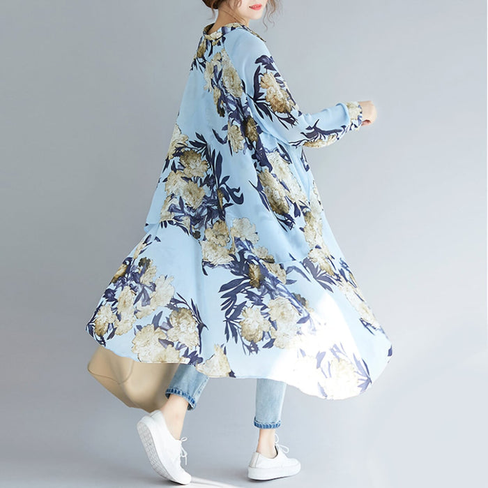 Long Printed Chiffon Blouse for Women with Asymmetric Hem: light blue, navy floral print, casual, artistic floral style