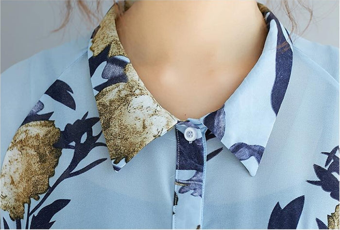 Long Printed Chiffon Blouse for Women with Asymmetric Hem: light blue, navy floral print, casual, artistic floral style