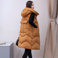Long Quilted Women's Vest with Hood: camel brown, black sleeveless hooded puffer vest, minimal casual style