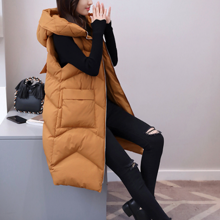 Long Quilted Women's Vest with Hood: camel brown, black sleeveless hooded puffer vest, minimal casual style