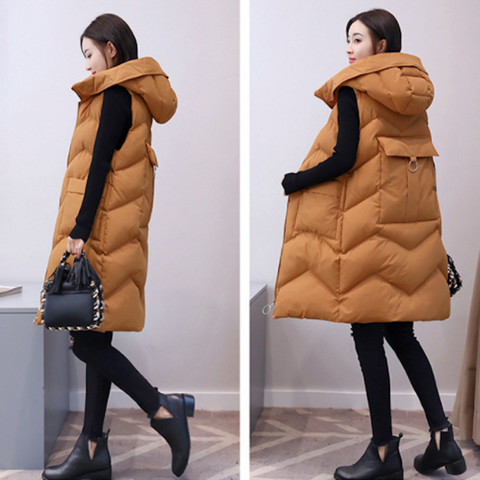 Long Quilted Women's Vest with Hood: camel brown, black sleeveless hooded puffer vest, minimal casual style