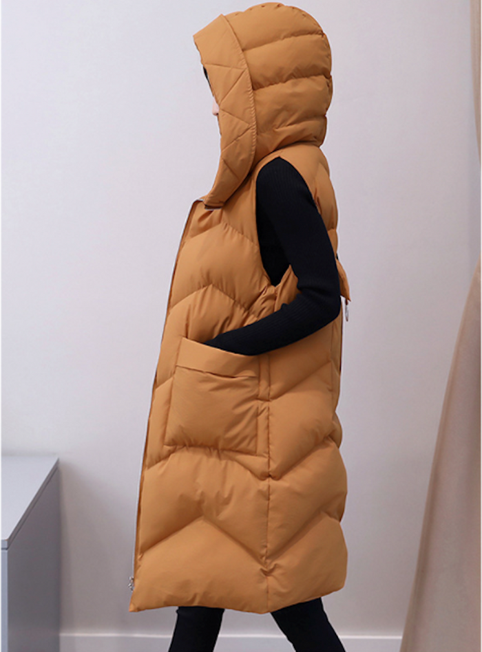 Long Quilted Women's Vest with Hood: camel brown, black sleeveless hooded puffer vest, minimal casual style