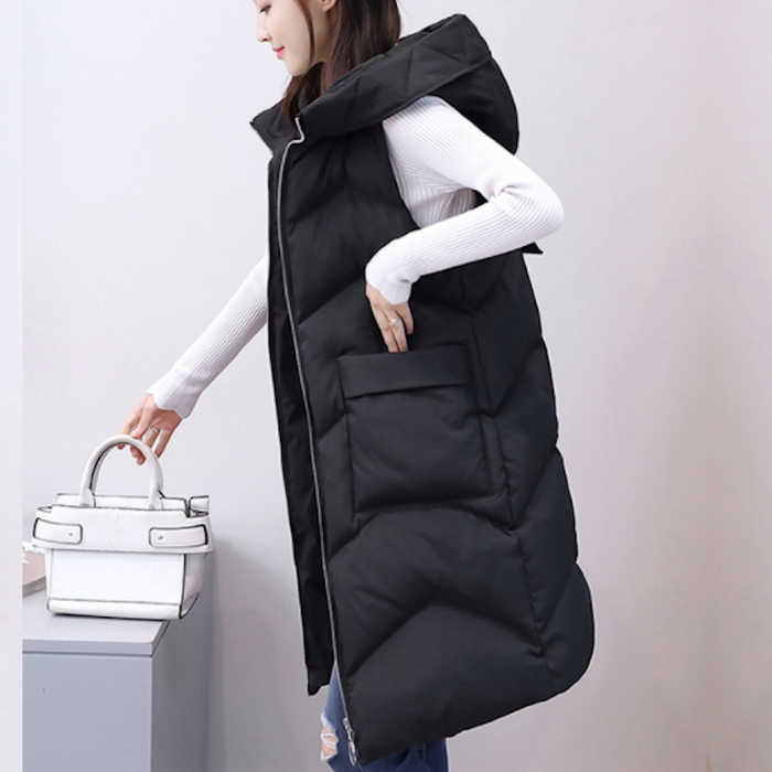 Long Quilted Women's Vest with Hood: camel brown, black sleeveless hooded puffer vest, minimal casual style