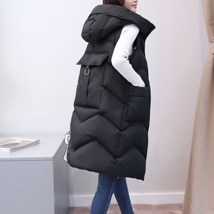 Long Quilted Women's Vest with Hood: camel brown, black sleeveless hooded puffer vest, minimal casual style