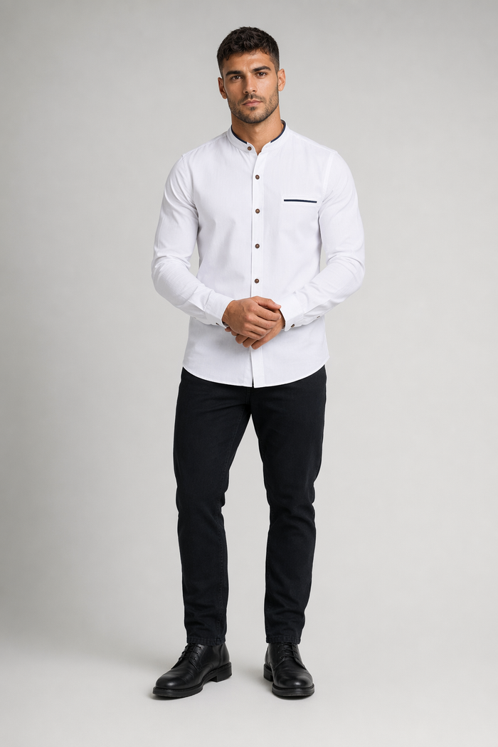 Long Sleeve Button Front Shirt for Men with Mandarin Collar White