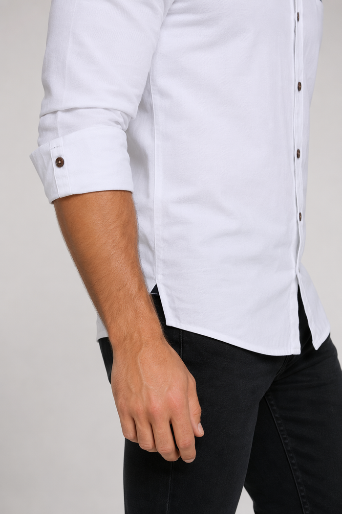 Long Sleeve Button Front Shirt for Men with Mandarin Collar White