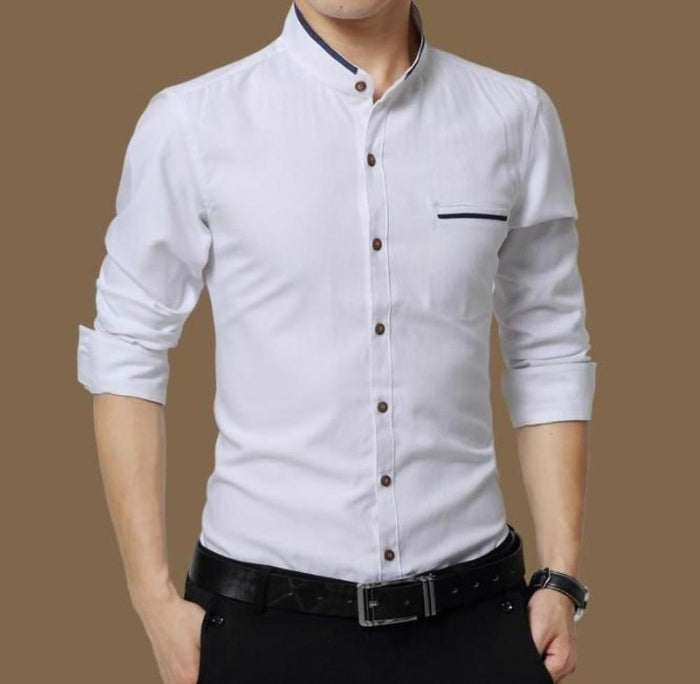 Long Sleeve Button Front Shirt for Men with Mandarin Collar: white, black button-up shirt, minimal style