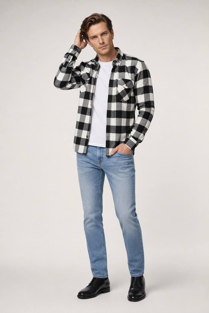 Long Sleeve Checkered Shirt with Dual Pockets for Men White