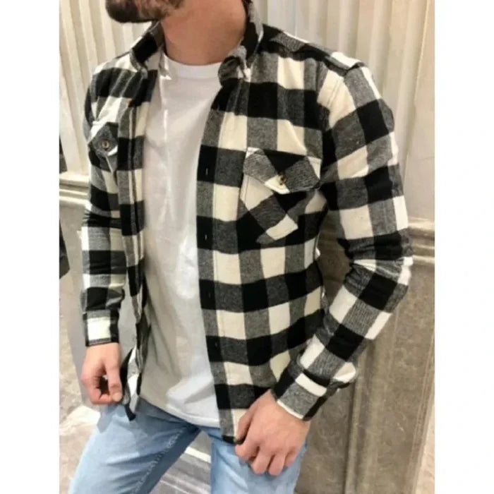 Long Sleeve Checkered Shirt with Dual Pockets for Men: black, white button-up plaid overshirt/shirt, casual style