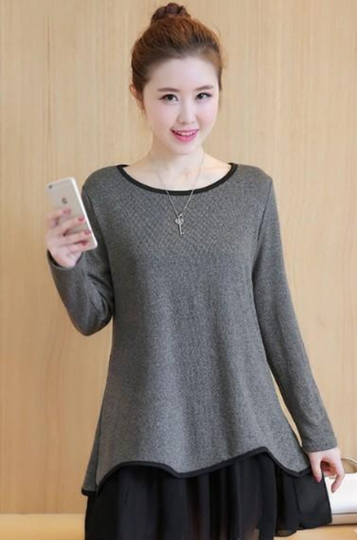 Long Sleeve Layered Women's Top: gray, black long-sleeve tunic-style top, minimal style