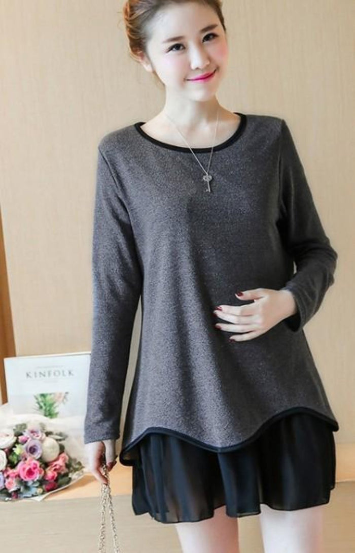 Long Sleeve Layered Women's Top: gray, black long-sleeve tunic-style top, minimal style